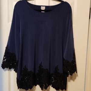 Chico's Navy Blouse with Black Lace Accents